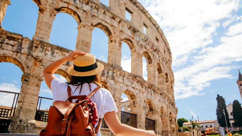 Woman Looking At Coliseum Croatia