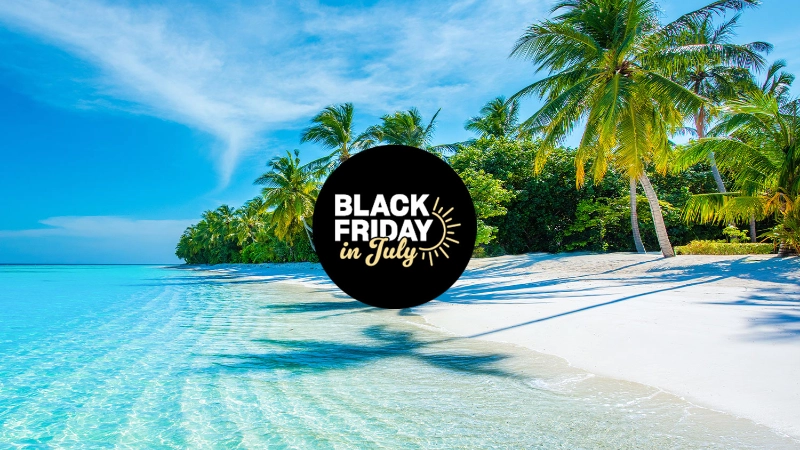 Tropical coastline palm trees Black Friday in July