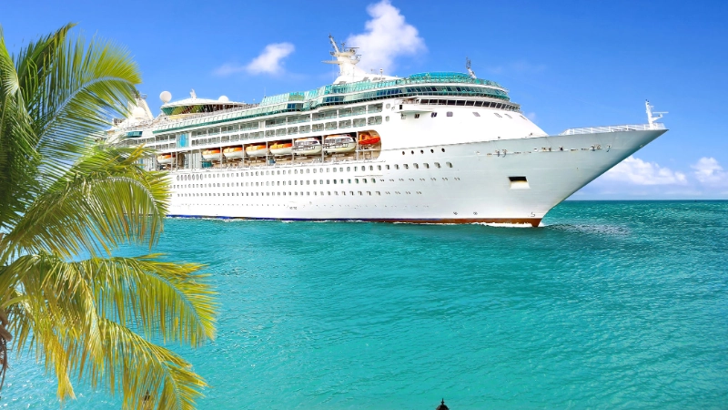 Grand navire de croisière naviguant dans des eaux tropicales turquoise cristallines bordées de palmiers par une journée ensoleillée