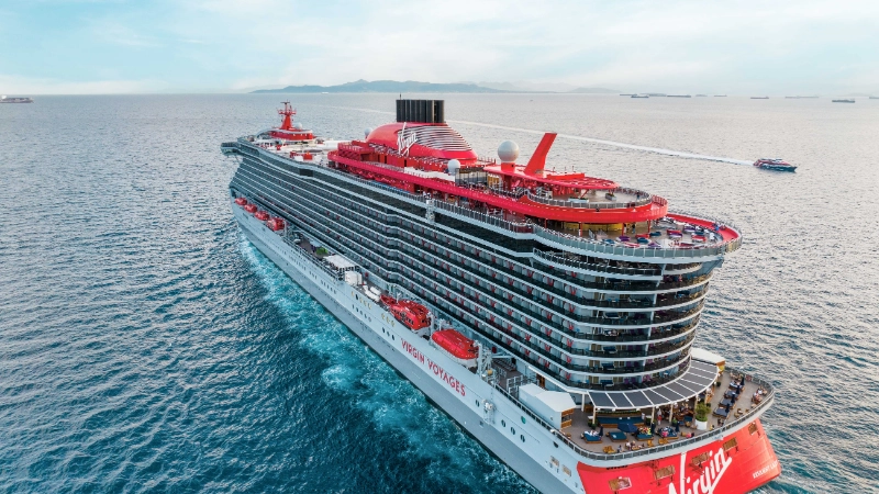 Virgin Voyages resilient lady cruise ship sailing near Athens Greece