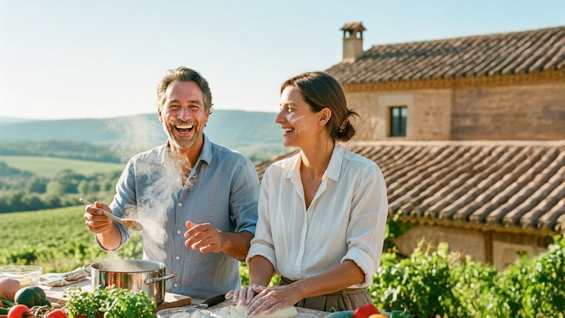 Europe Couple cooking in Tuscany