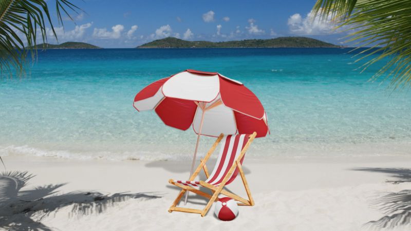 Plage ensoleillée avec chaise, ballon, parasol 2