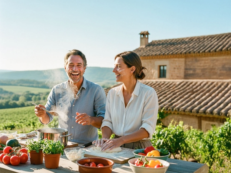 Europe Couple cooking in Tuscany