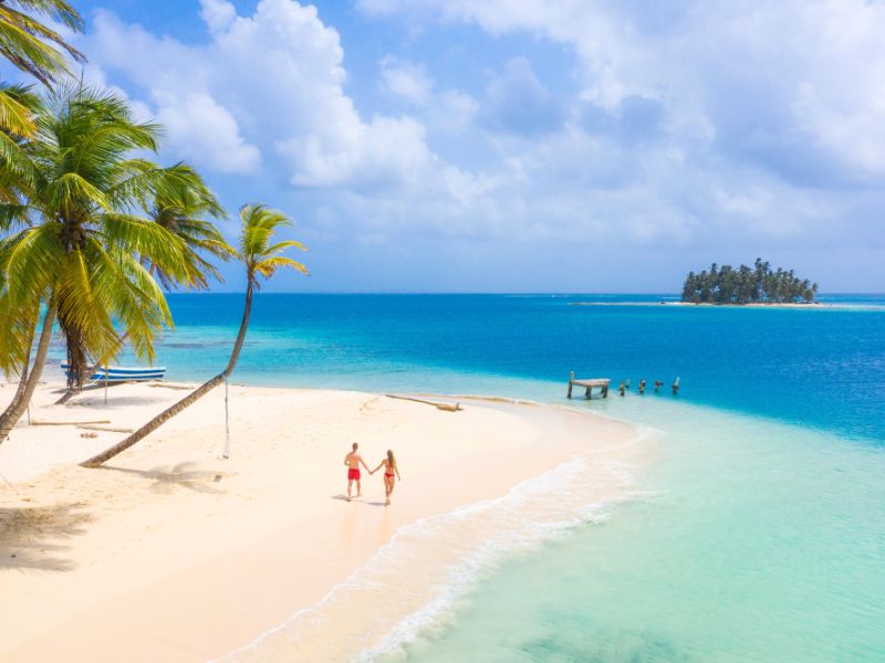 SUN Couple handholding wide beach palm trees
