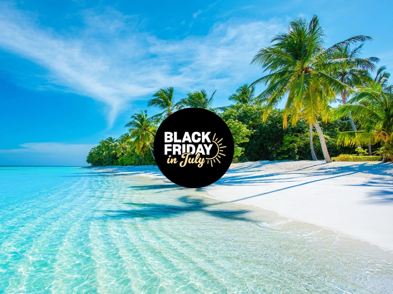 Tropical coastline palm trees Black Friday in July