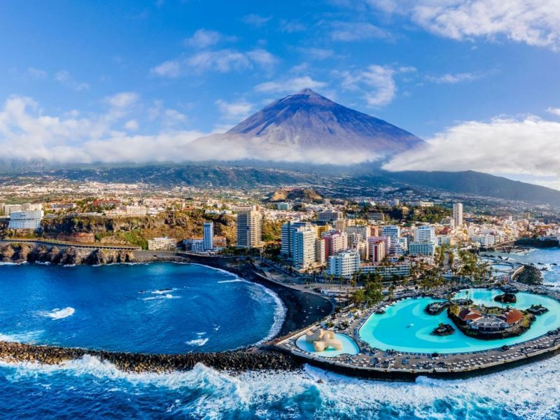 Tenerife beach pool and mountain view